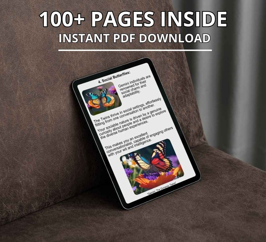 A digital tablet displays the open pages of an ebook for Gemini. The screen shows the content of the book, which features over 100 pages available for instant PDF download.