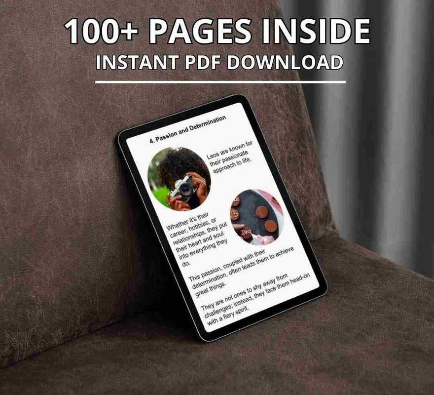 A digital tablet displays the open pages of an ebook for Leo sign. The screen shows the content of the book, which features over 100 pages available for instant PDF download.