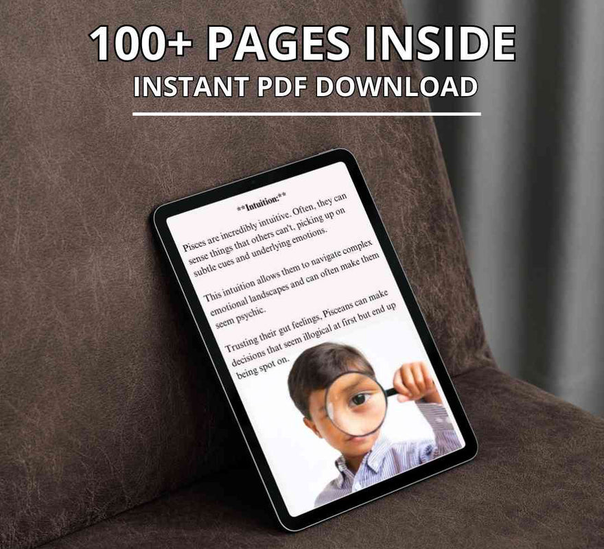 A digital tablet displays the open pages of an ebook for Pisces sign. The screen shows the content of the book, which features over 100 pages available for instant PDF download.