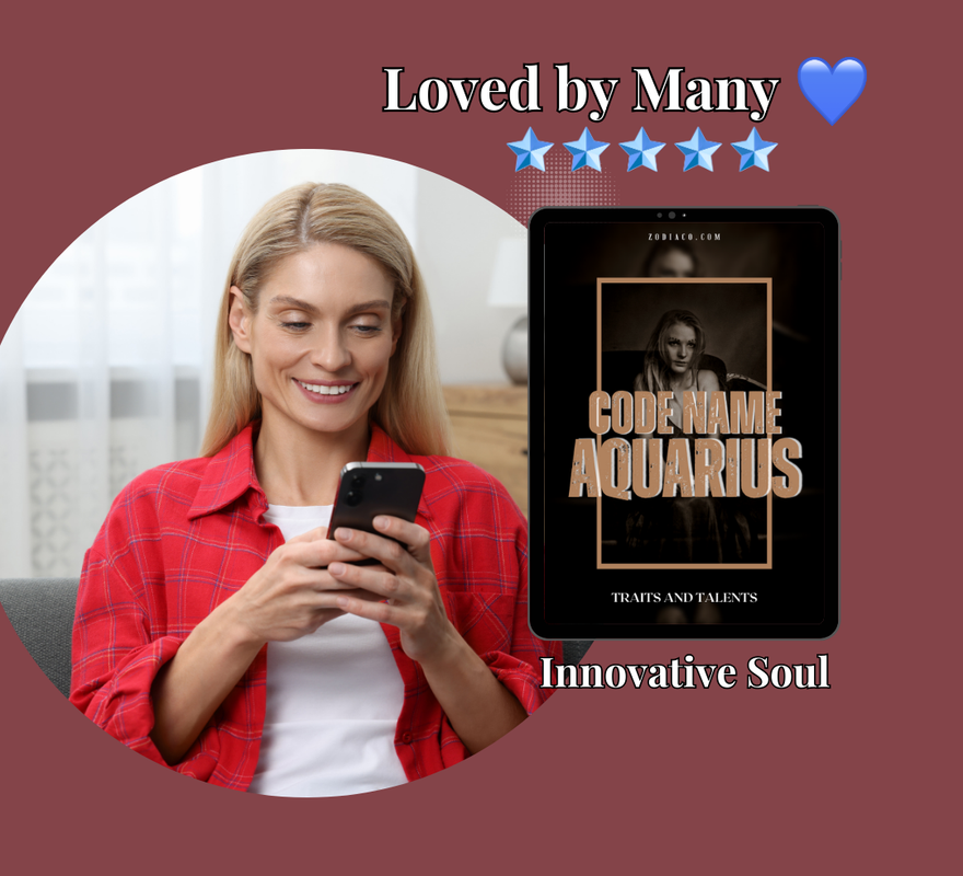 A smiling woman holds up her phone, which displays a 5-star review for a Aquarius zodiac sign eBook. A tablet mock-up with the eBook's cover is digitally inserted into the image, highlighting the product being reviewed.