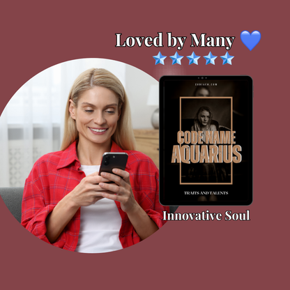 A smiling woman holds up her phone, which displays a 5-star review for a Aquarius zodiac sign eBook. A tablet mock-up with the eBook's cover is digitally inserted into the image, highlighting the product being reviewed.