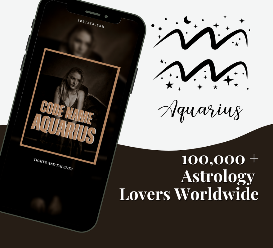 Phone displaying 'Code Name Aquarius' app with Aquarius zodiac sign and text about astrology lovers worldwide.
