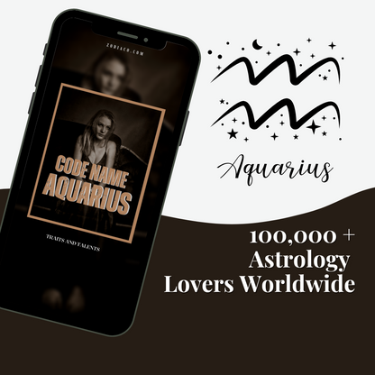 Phone displaying 'Code Name Aquarius' app with Aquarius zodiac sign and text about astrology lovers worldwide.