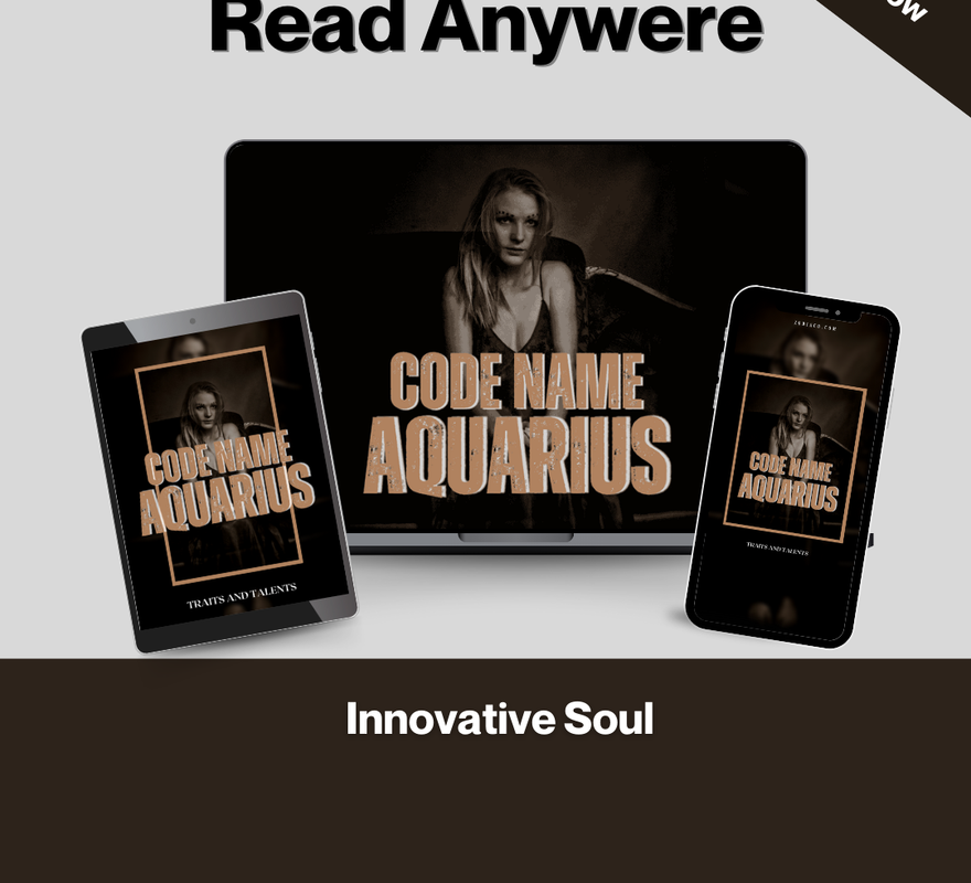 Promotional graphic for 'Code Name Aquarius' with a laptop, tablet, and smartphone displaying the book cover.