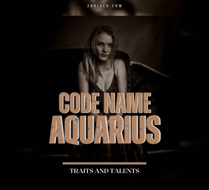  "eBook cover 'Code Name: Aquarius Traits and Talents', displaying an artistic water-bearer symbolising Aquarius. The background blends celestial and water motifs, reflecting the sign's innovative spirit, complemented by modern typography.