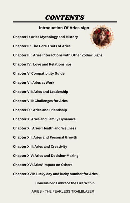 An eBook cover about Aries, featuring the title "Aries: The Fearless Trailbrlazer." The cover includes images of the Aries symbol and a dynamic, fiery design reflecting the sign's energetic nature. The eBook promises to explore topics such as love, relationships, career, lucky days, and numbers, offering a comprehensive guide to understanding and maximizing the strengths of those under these sign.