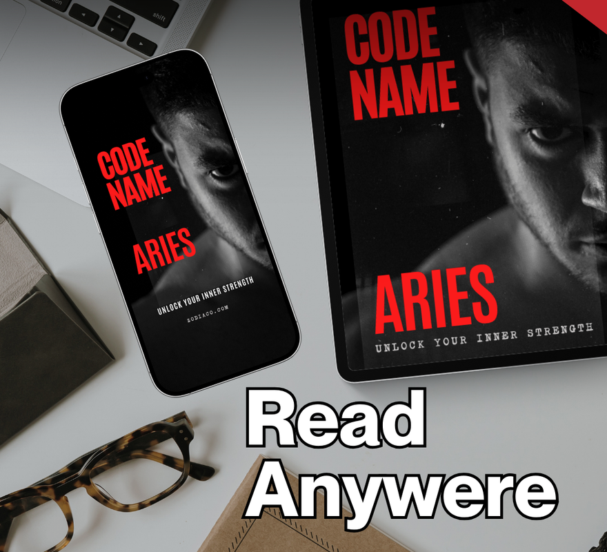 "Tablet and phone displaying the Aries  Zodiac eBook in a flat lay with notebook and coffee, symbolizing daily astrology practice. Digital astrology eBook for Aries."