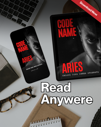 "Tablet and phone displaying the Aries  Zodiac eBook in a flat lay with notebook and coffee, symbolizing daily astrology practice. Digital astrology eBook for Aries."