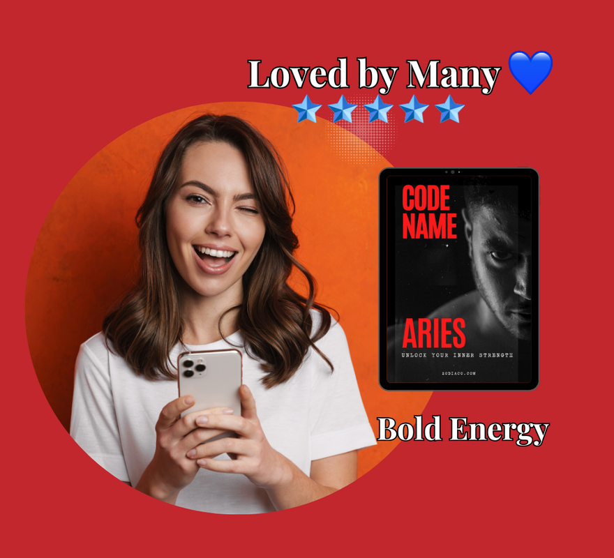 A smiling woman holds up her phone, which displays a 5-star review for an Aries zodiac sign eBook. A tablet mock-up with the eBook's cover is digitally inserted into the image, highlighting the product being reviewed.