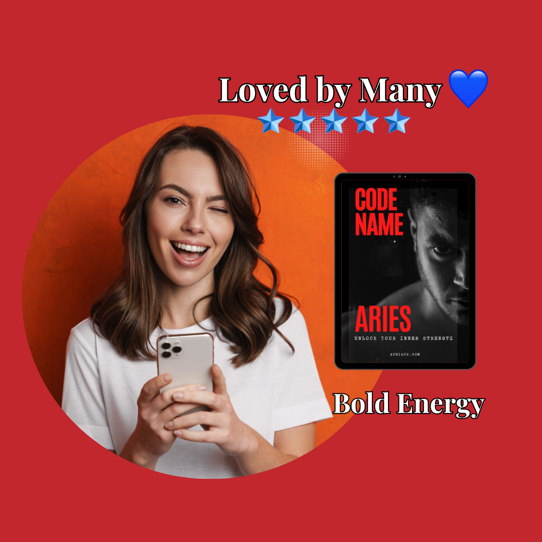 A smiling woman holds up her phone, which displays a 5-star review for an Aries zodiac sign eBook. A tablet mock-up with the eBook's cover is digitally inserted into the image, highlighting the product being reviewed.