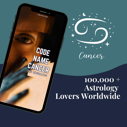 "Graphic showing ‘100,000+ Astrology Lovers Worldwide’ badge alongside the Cancer Zodiac eBook cover. Digital astrology eBook for Cancer."