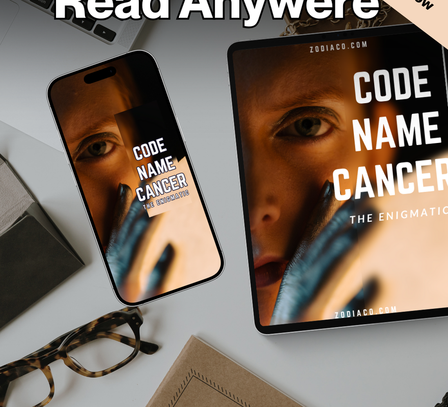 "Tablet and phone displaying the Cancer  Zodiac eBook in a flat lay with notebook and coffee, symbolizing daily astrology practice. Digital astrology eBook for Cancer."