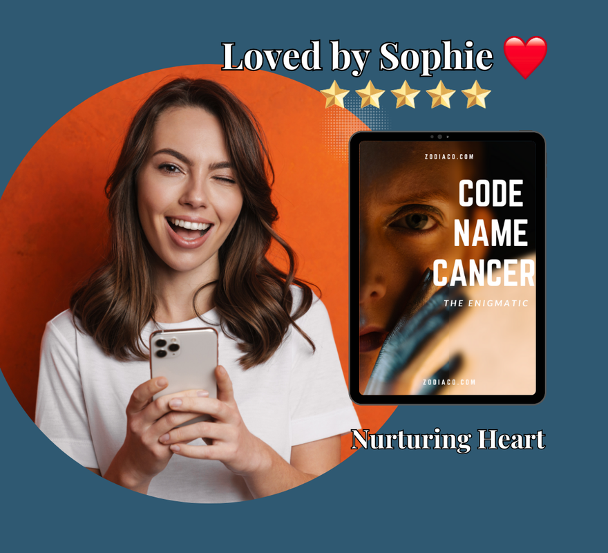 A smiling woman holds up her phone, which displays a 5-star review for a Cancer zodiac sign eBook. A tablet mock-up with the eBook's cover is digitally inserted into the image, highlighting the product being reviewed.