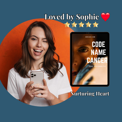 A smiling woman holds up her phone, which displays a 5-star review for a Cancer zodiac sign eBook. A tablet mock-up with the eBook's cover is digitally inserted into the image, highlighting the product being reviewed.