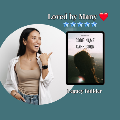 A smiling woman holds up her phone, which displays a 5-star review for a Capricorn zodiac sign eBook. A tablet mock-up with the eBook's cover is digitally inserted into the image, highlighting the product being reviewed.