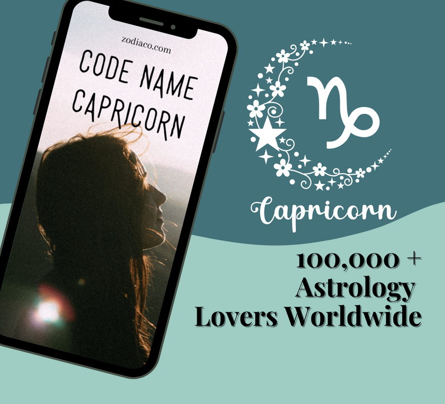 Phone displaying 'Code Name Capricorn' with Capricorn zodiac symbol and text on a teal background