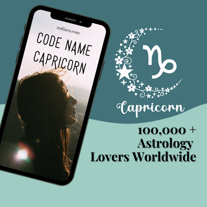 Phone displaying 'Code Name Capricorn' with Capricorn zodiac symbol and text on a teal background
