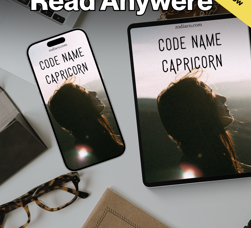 "Tablet and phone displaying the Capricorn Zodiac eBook in a flat lay with notebook and coffee, symbolizing daily astrology practice. Digital astrology eBook for Capricorn."
