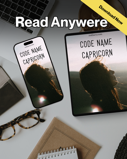 "Tablet and phone displaying the Capricorn Zodiac eBook in a flat lay with notebook and coffee, symbolizing daily astrology practice. Digital astrology eBook for Capricorn."
