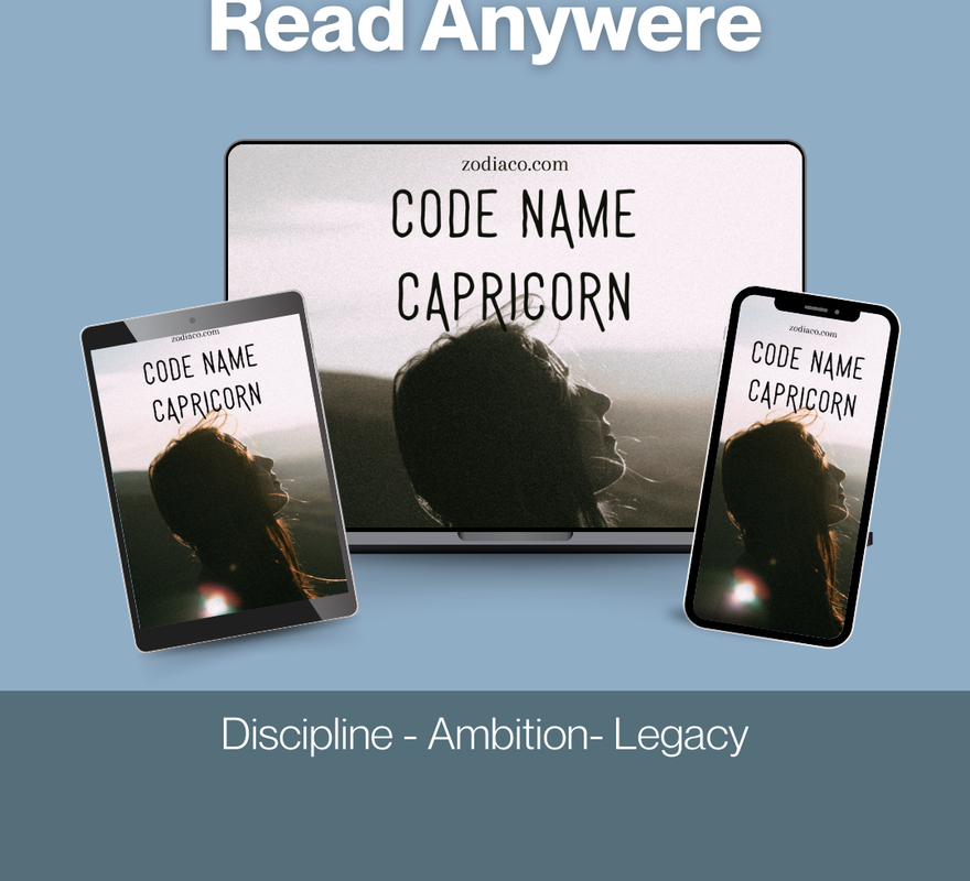 Promotional graphic for 'Code Name Capricorn' with a tablet, phone, and book on a blue background.
