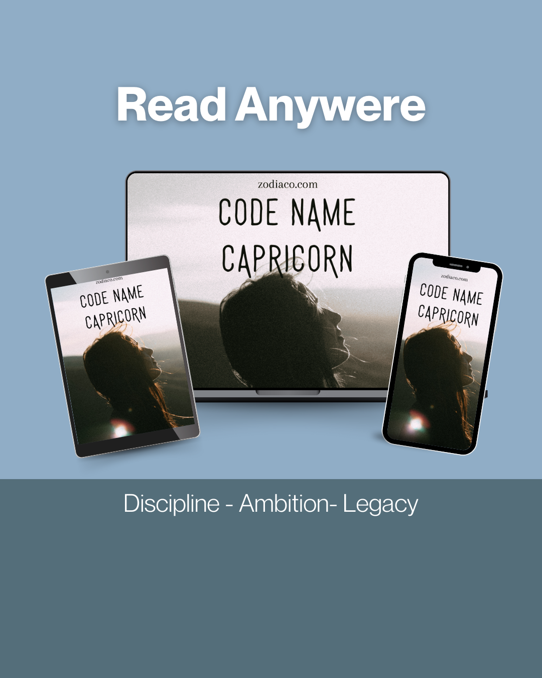 Promotional graphic for 'Code Name Capricorn' with a tablet, phone, and book on a blue background.