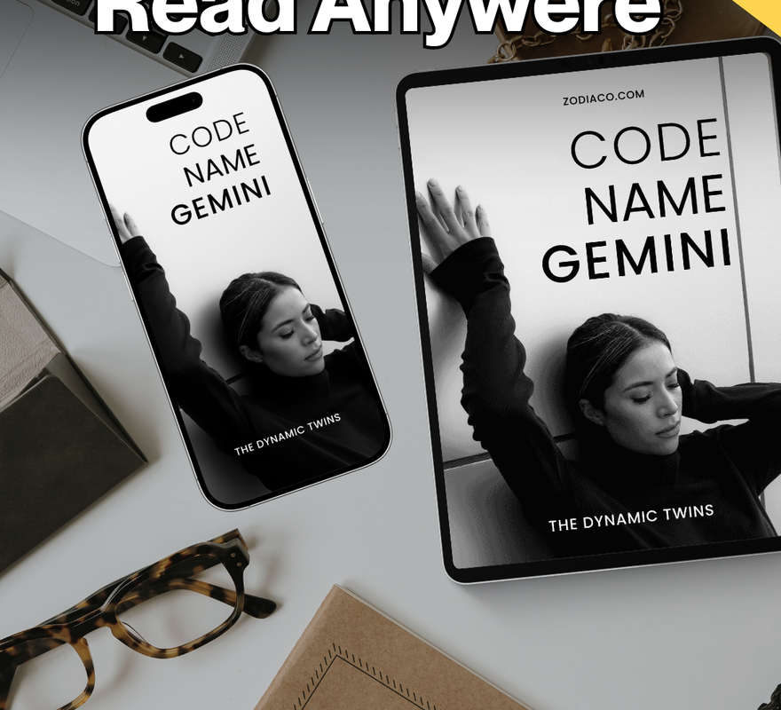 "Tablet and phone displaying the Gemini Zodiac eBook in a flat lay with notebook and coffee, symbolising daily astrology practice. Digital astrology eBook for Gemini."