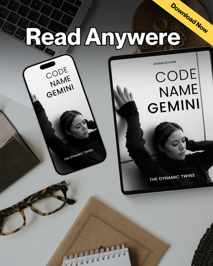 "Tablet and phone displaying the Gemini Zodiac eBook in a flat lay with notebook and coffee, symbolising daily astrology practice. Digital astrology eBook for Gemini."