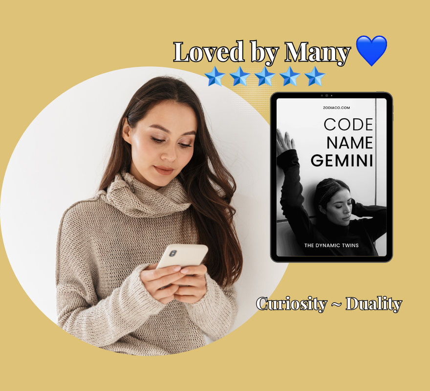 A smiling woman holds up her phone, which displays a 5-star review for a Gemini zodiac sign eBook. A tablet mock-up with the eBook's cover is digitally inserted into the image, highlighting the product being reviewed.