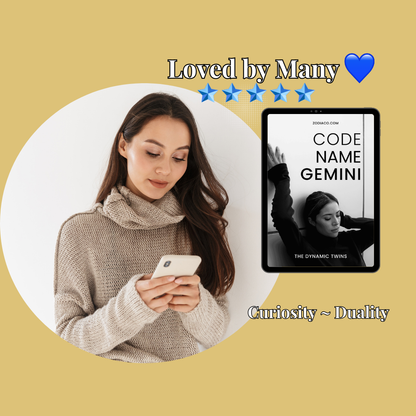 A smiling woman holds up her phone, which displays a 5-star review for a Gemini zodiac sign eBook. A tablet mock-up with the eBook's cover is digitally inserted into the image, highlighting the product being reviewed.