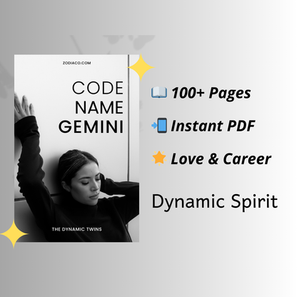 "Book cover showing key features of the Gemini Zodiac eBook: 100+ pages, instant PDF download, and astrology guidance. Digital astrology eBook for Gemini."
