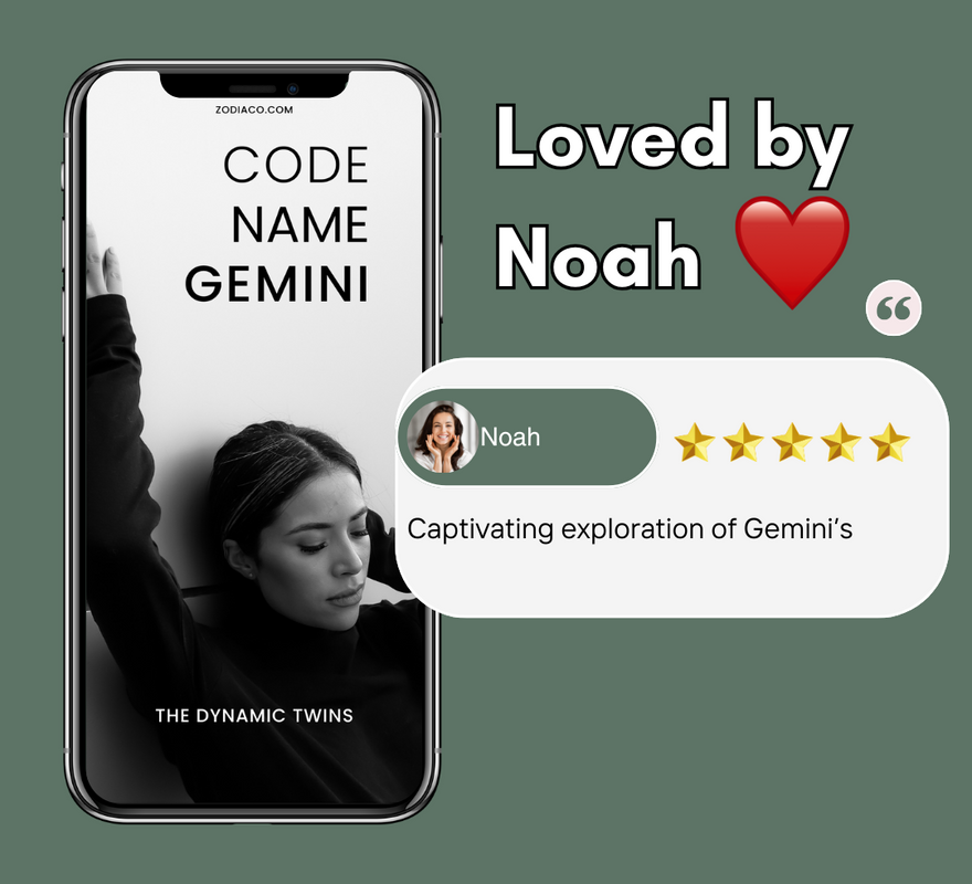 Phone displaying 'Code Name Gemini' with a review from 'Noah' on a green background