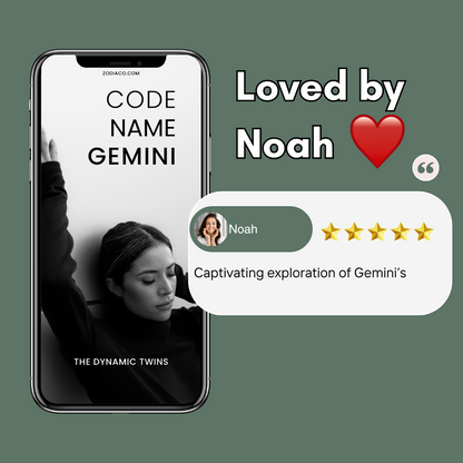 Phone displaying 'Code Name Gemini' with a review from 'Noah' on a green background