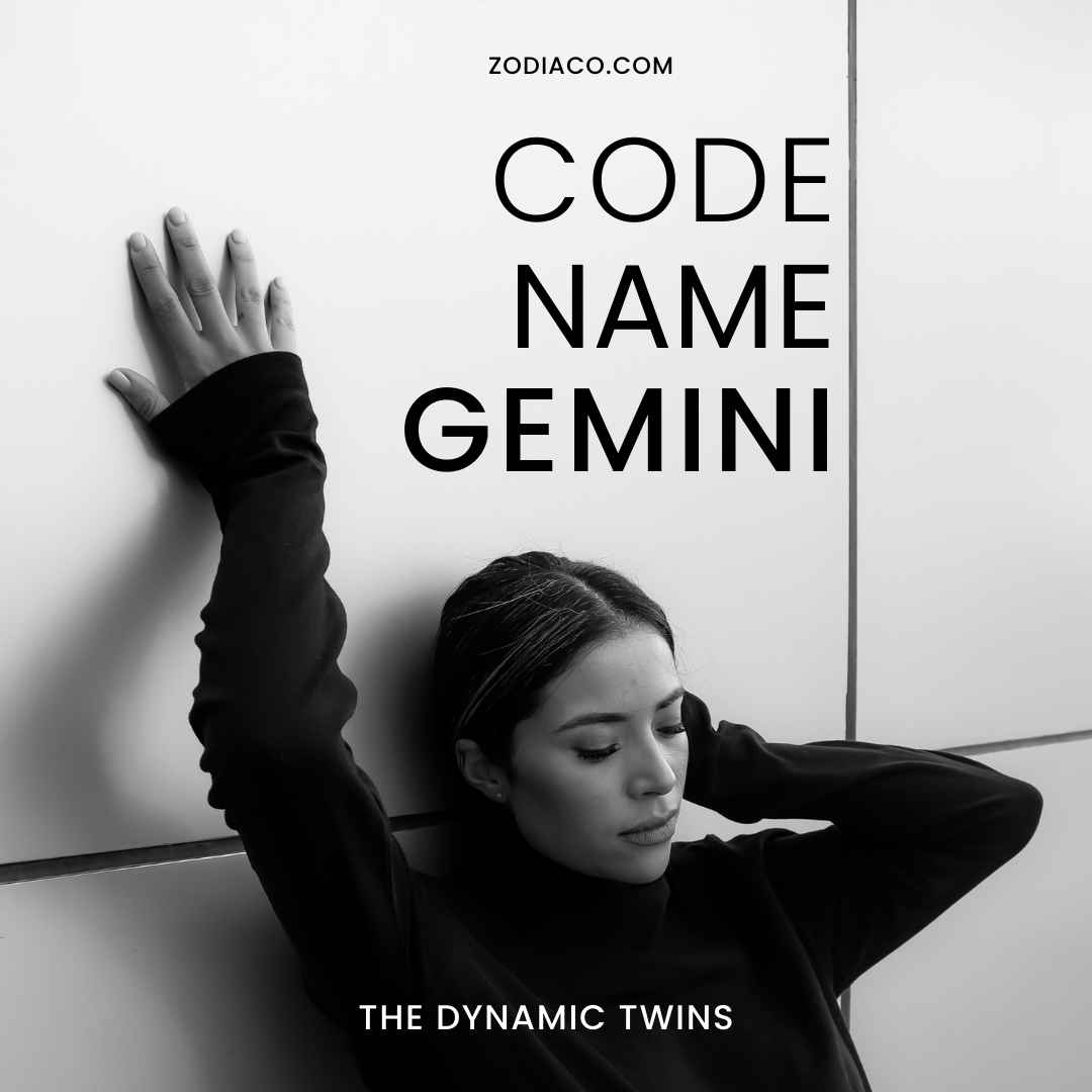 "eBook cover titled 'Code Name: Gemini', showcasing an artistic representation of twin figures to symbolise Gemini's dual personality. The design blends vibrant and contrasting colours, reflecting the versatility and dynamic nature of the sign. The background is a mix of playful and abstract elements, all tied together with stylish and expressive typography."