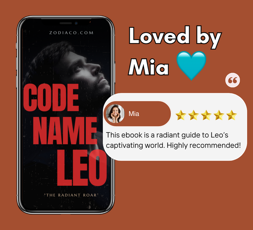 Phone displaying 'Code Name Leo' with a review from Mia on a brown background