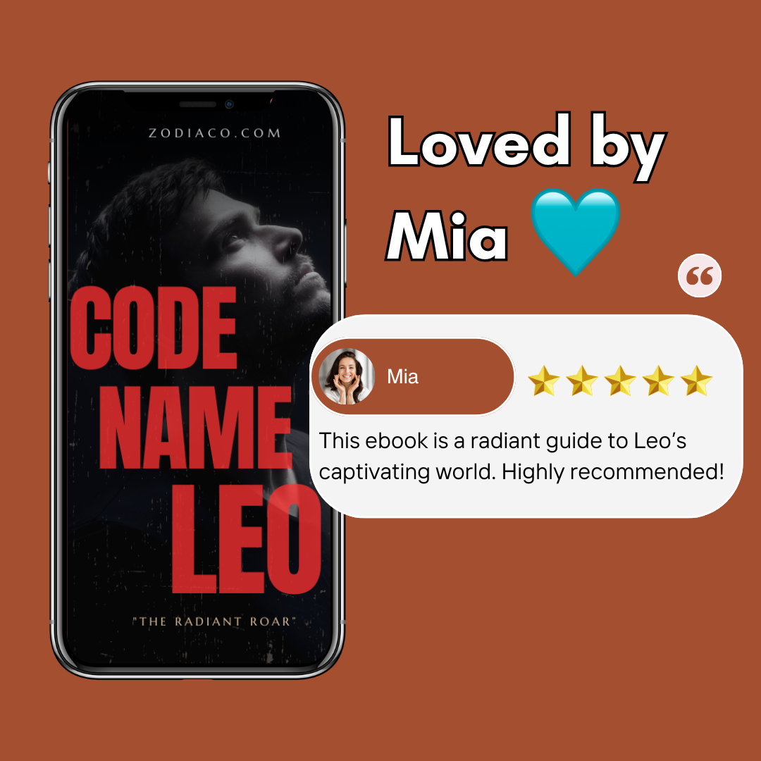 Phone displaying 'Code Name Leo' with a review from Mia on a brown background