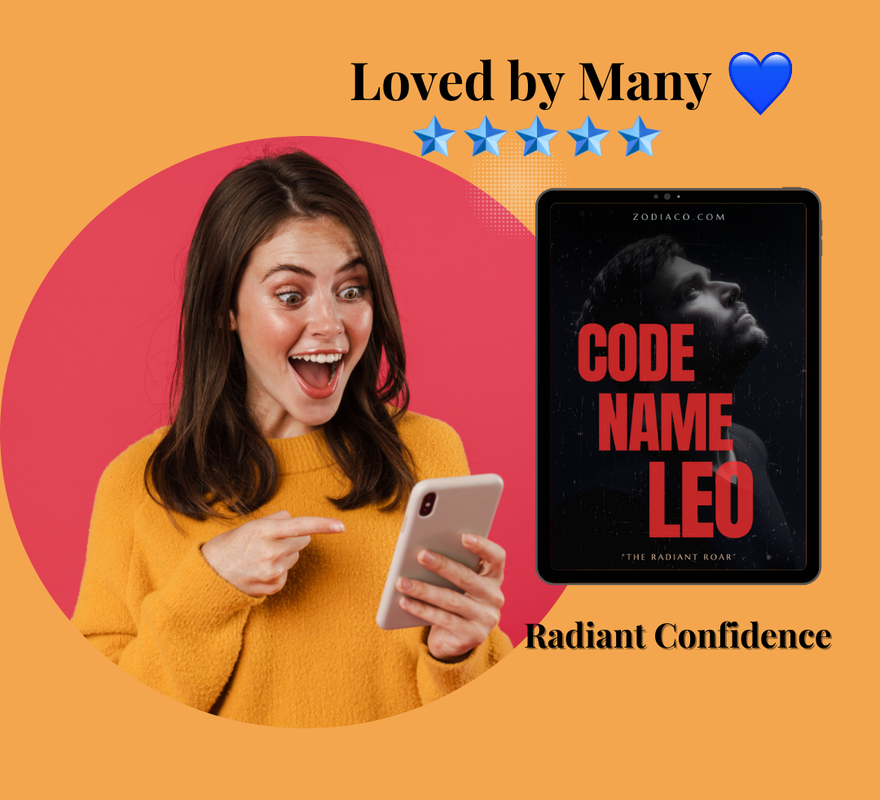A smiling woman holds up her phone, which displays a 5-star review for a Leo zodiac sign eBook. A tablet mock-up with the eBook's cover is digitally inserted into the image, highlighting the product being reviewed.