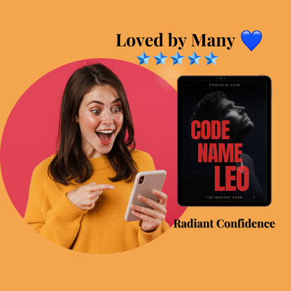 A smiling woman holds up her phone, which displays a 5-star review for a Leo zodiac sign eBook. A tablet mock-up with the eBook's cover is digitally inserted into the image, highlighting the product being reviewed.