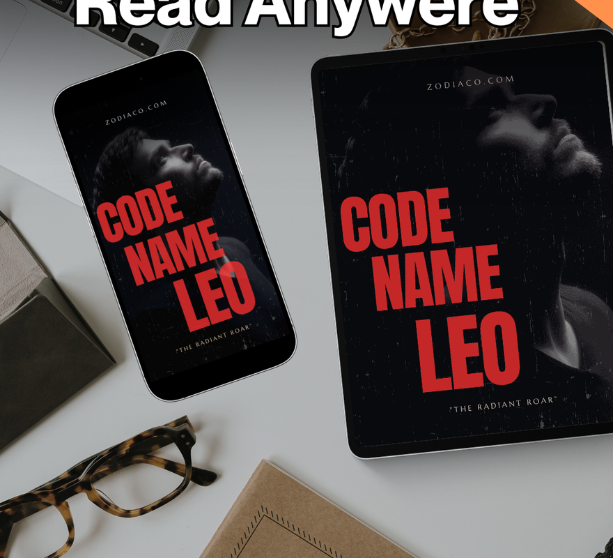 "Tablet and phone displaying the Leo  Zodiac eBook in a flat lay with notebook and coffee, symbolizing daily astrology practice. Digital astrology eBook for Leo."