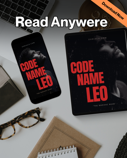 "Tablet and phone displaying the Leo  Zodiac eBook in a flat lay with notebook and coffee, symbolizing daily astrology practice. Digital astrology eBook for Leo."