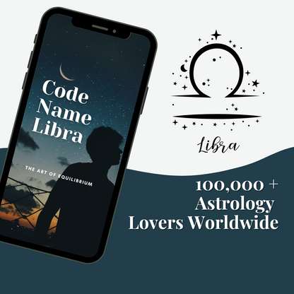 Phone displaying 'Code Name Libra' app with Libra zodiac symbol and text about astrology lovers worldwide.