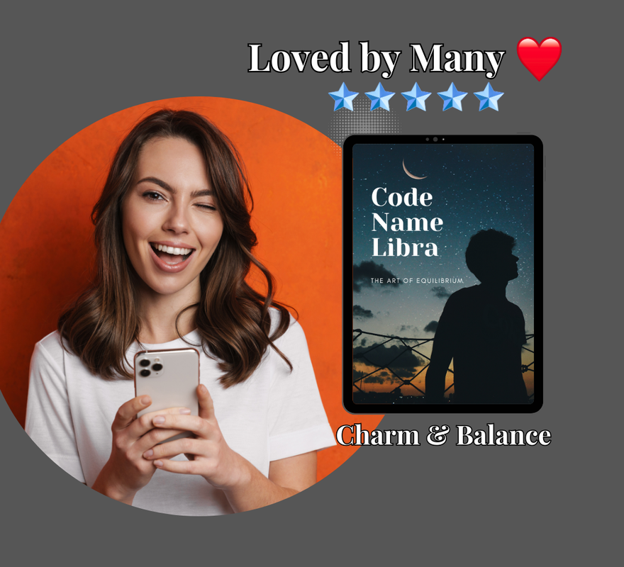 A smiling woman holds up her phone, which displays a 5-star review for a Libra zodiac sign eBook. A tablet mock-up with the eBook's cover is digitally inserted into the image, highlighting the product being reviewed.