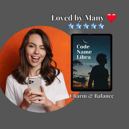 A smiling woman holds up her phone, which displays a 5-star review for a Libra zodiac sign eBook. A tablet mock-up with the eBook's cover is digitally inserted into the image, highlighting the product being reviewed.