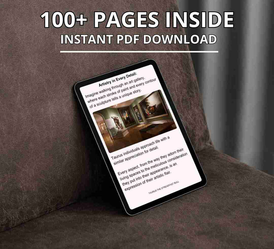 A digital tablet displays the open pages of an ebook for Taurus . The screen shows the content of the book, which features over 100 pages available for instant PDF download.