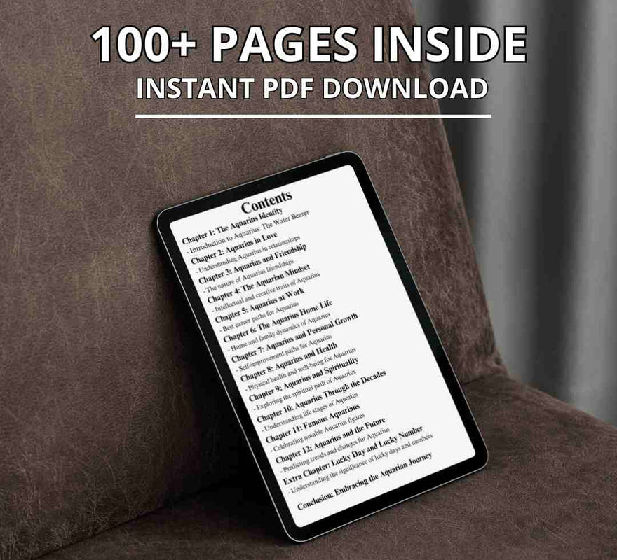A digital tablet displays the open pages of an ebook for Aquarius zodiac sign. The screen shows the content of the book, which features over 100 pages available for instant PDF download.