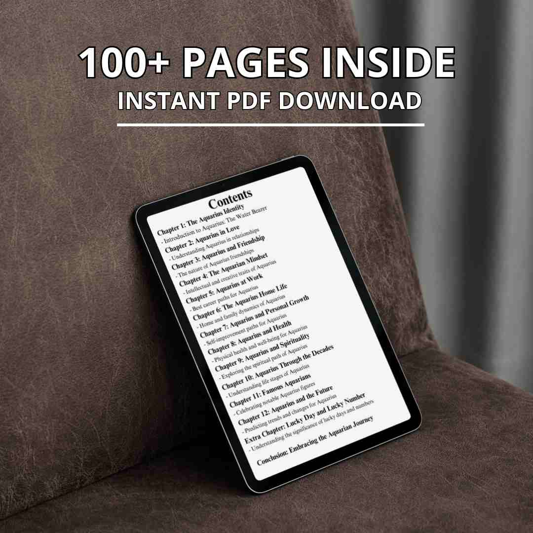 A digital tablet displays the open pages of an ebook for Aquarius zodiac sign. The screen shows the content of the book, which features over 100 pages available for instant PDF download.