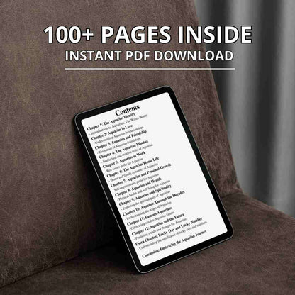 A digital tablet displays the open pages of an ebook for Aquarius zodiac sign. The screen shows the content of the book, which features over 100 pages available for instant PDF download.