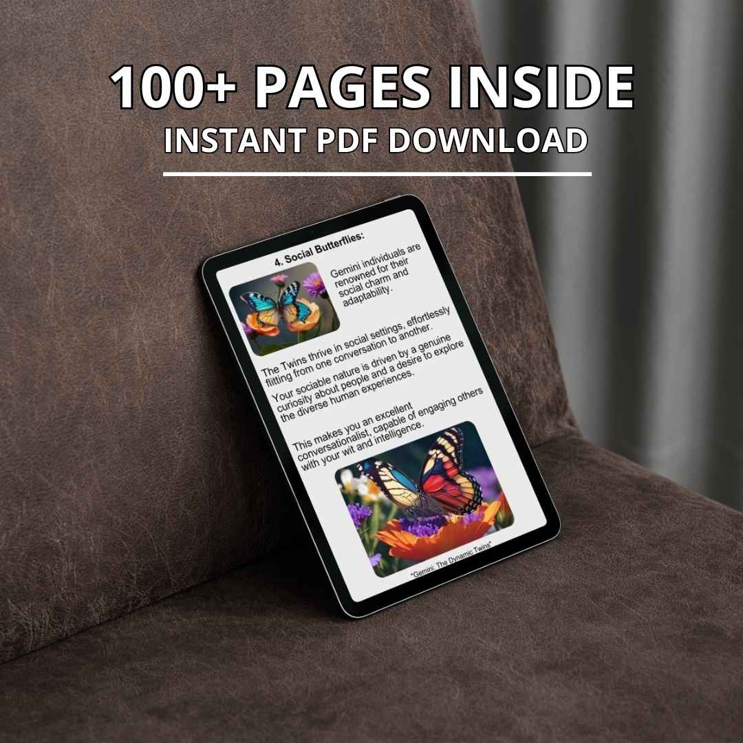 A digital tablet displays the open pages of an ebook for Gemini. The screen shows the content of the book, which features over 100 pages available for instant PDF download.
