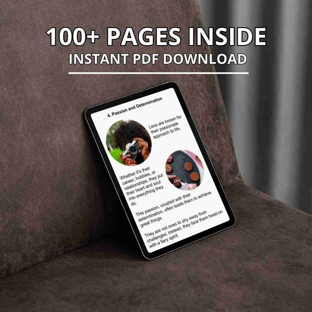 A digital tablet displays the open pages of an ebook for Leo sign. The screen shows the content of the book, which features over 100 pages available for instant PDF download.