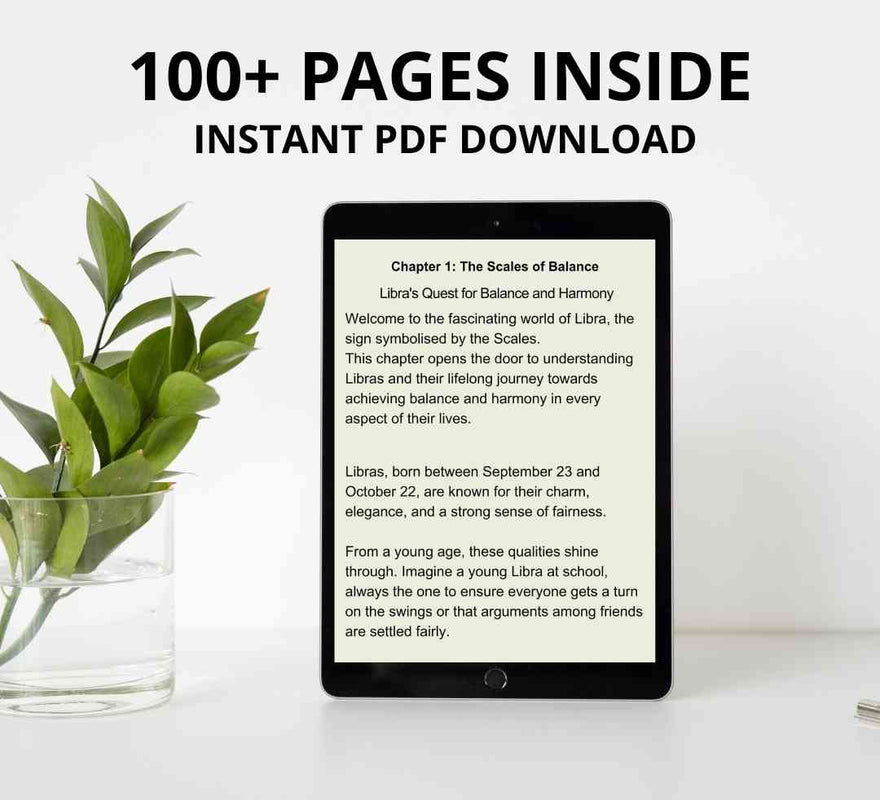 A digital tablet displays the open pages of an ebook for Libra sign. The screen shows the content of the book, which features over 100 pages available for instant PDF download.