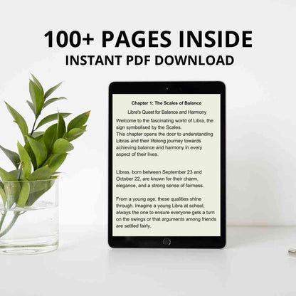 A digital tablet displays the open pages of an ebook for Libra sign. The screen shows the content of the book, which features over 100 pages available for instant PDF download.